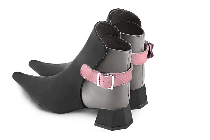 Dark grey and carnation pink women's ankle boots with buckles at the back. Pointed toe. Low flare heels. Rear view - Florence KOOIJMAN
